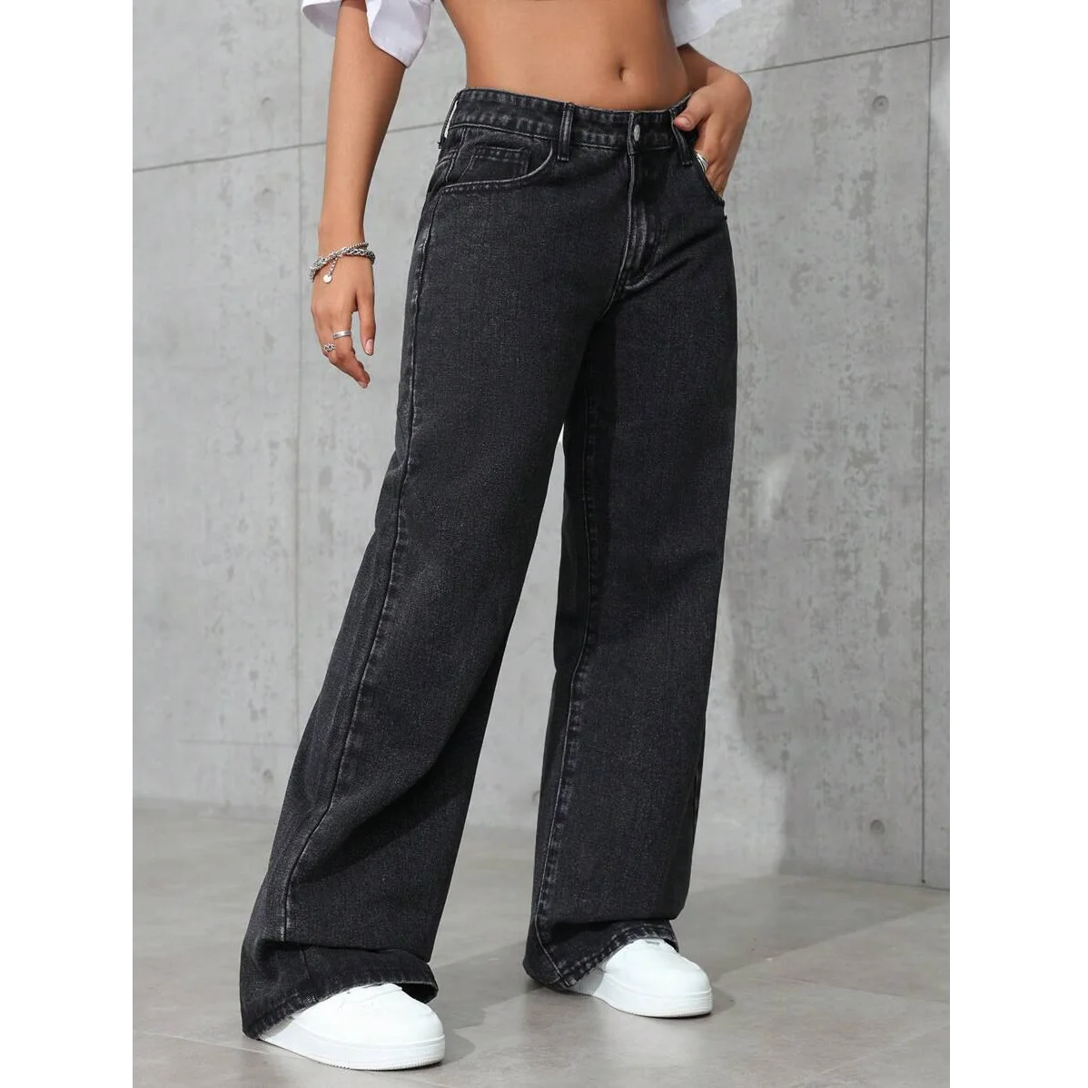 Plus Size Women’s Wide Leg Jeans – Washed Elastic High Waist Stretch Denim Pants