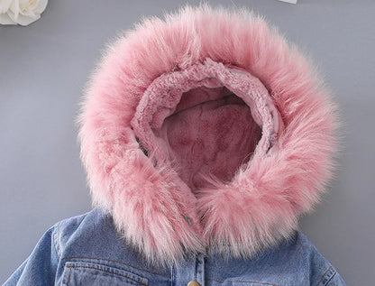 1-6 Years Baby Girl Winter Hooded Denim Jacket with Faux Fur Lining