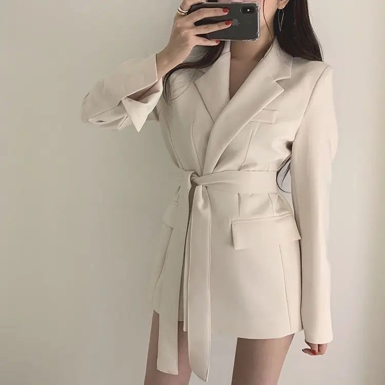 Women’s Mid‑Length Slim Fit Blazer Jacket – Waist‑Defining Lace‑Up Suit Dress Coat