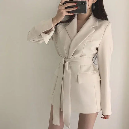 Women’s Mid‑Length Slim Fit Blazer Jacket – Waist‑Defining Lace‑Up Suit Dress Coat
