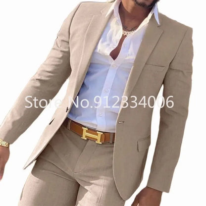 Men's Beige 2-Piece Slim Fit Wedding Suit - Blazer & Pants