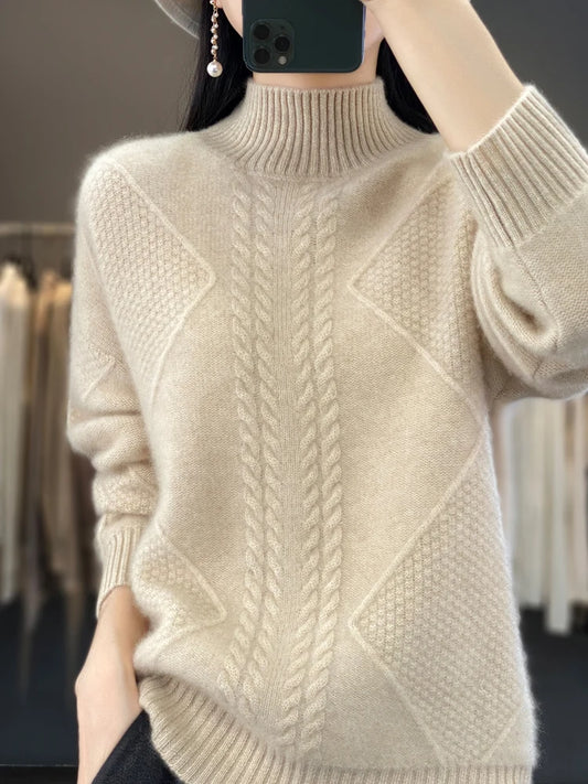 Women’s Soft Twisted Knit Pullover Loose Long Sleeve Merino Wool Sweater
