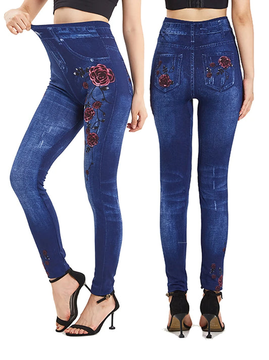 Faux pantalon long bleu imprimé rose rouge pour femme