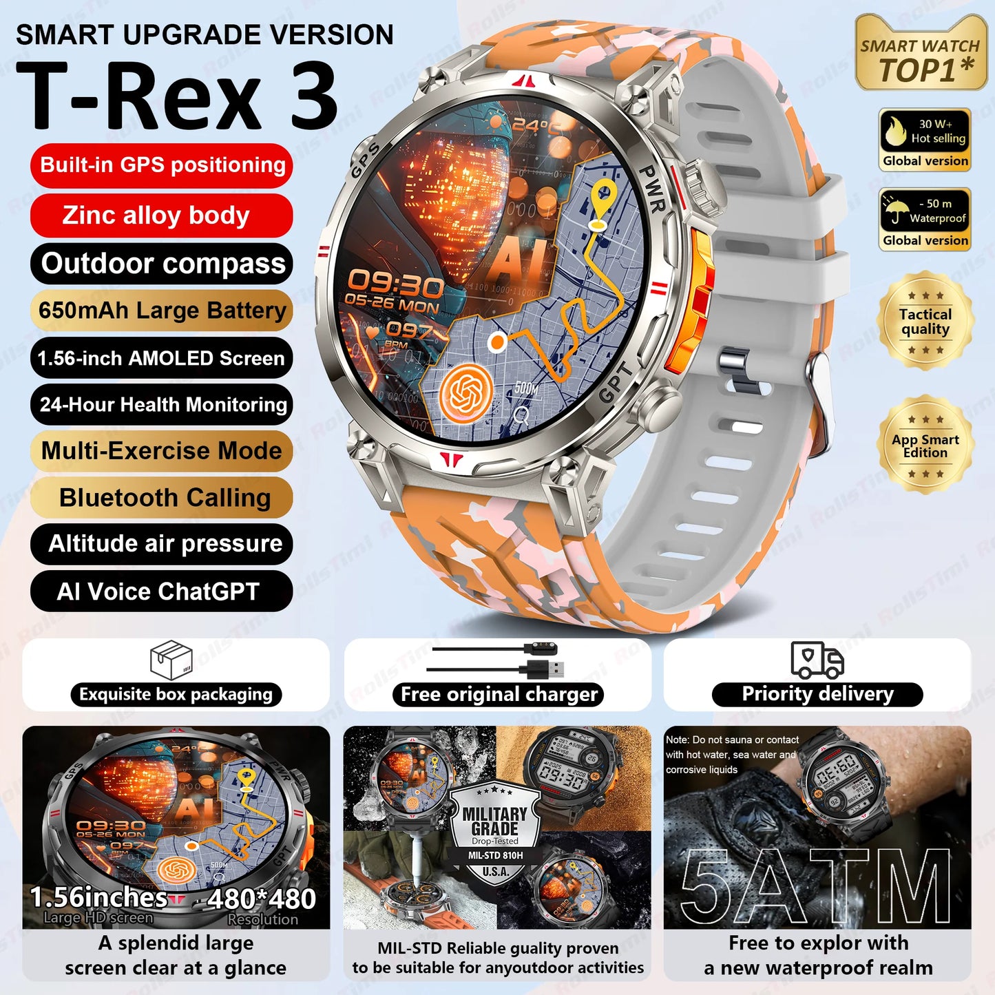 Unisex T-Rex3 GPS Sports Smartwatch – Fitness Tracker Heart Rate Monitor 3ATM Waterproof Smart Watch