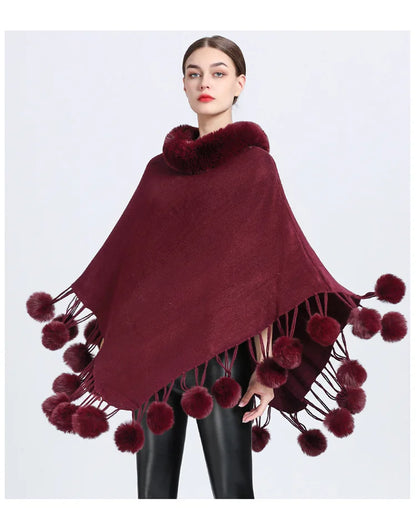 Poncho Fur Ball Decoration Shawl