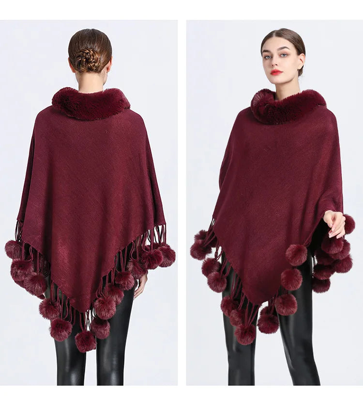 Poncho Fur Ball Decoration Shawl