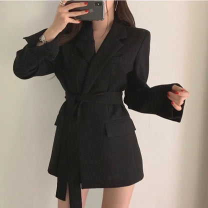 Women’s Mid‑Length Slim Fit Blazer Jacket – Waist‑Defining Lace‑Up Suit Dress Coat