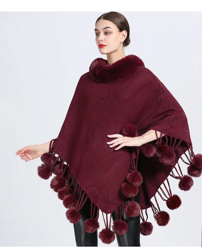 Poncho Fur Ball Decoration Shawl