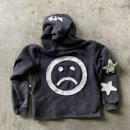 Crying Face Embroidered Zipper Hoodie