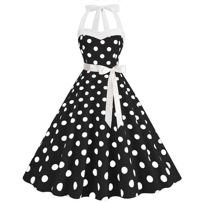 Women Sundress  Lace-up Backless Polka Dot Pleated Midi Dress