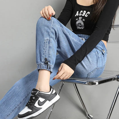 Harems-Baggy-Jeans mit hohem Bund und Kordelzug – Jeanshose