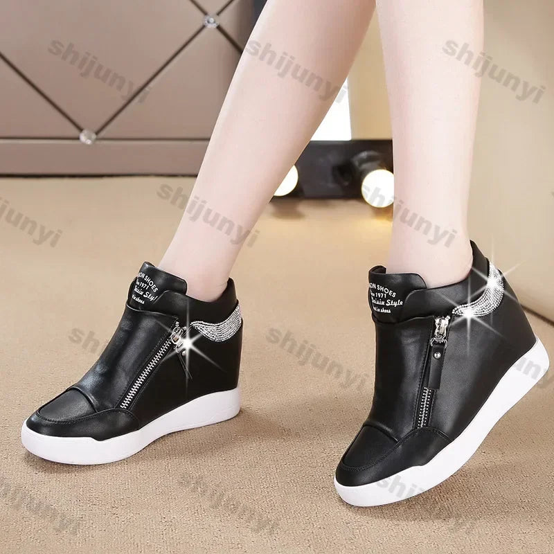 High Top Side Zip White Platform Wedge Sneakers with Hidden Heel