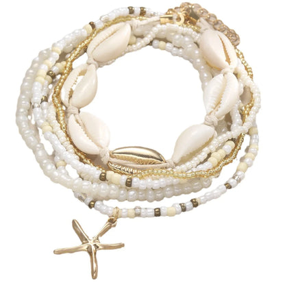 Women's Bohemian Starfish & Seashell Ankle Bracelet Set – Multilayer Rice Beads Beach Ankle Bracelets