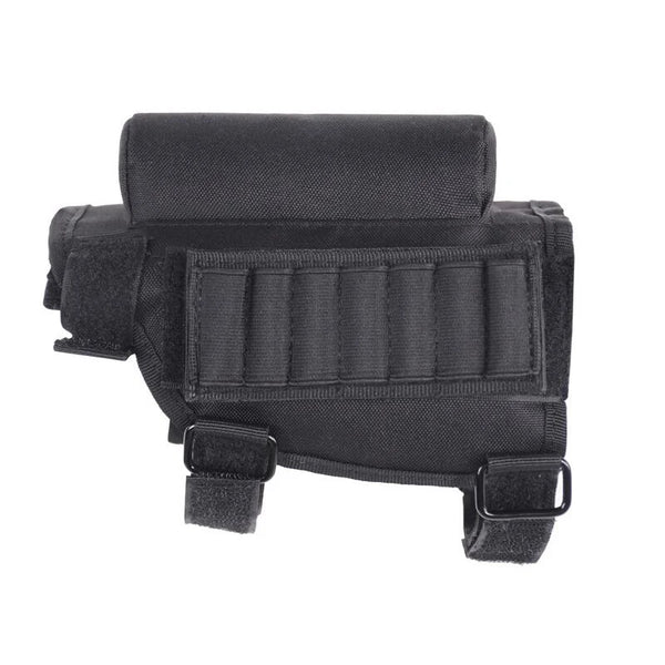 Tactical rifle cheek rest with integrated bullets holder in black.