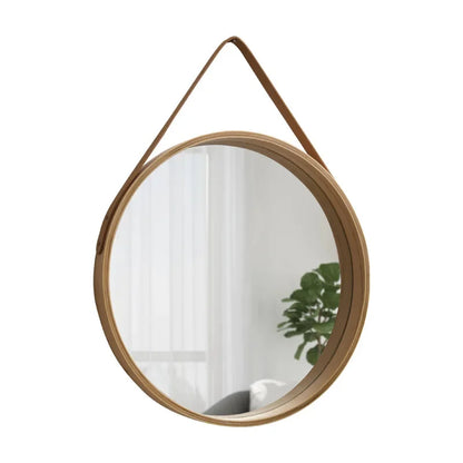 Miroir de courtoisie rond mural sans perforation avec bordure en bois