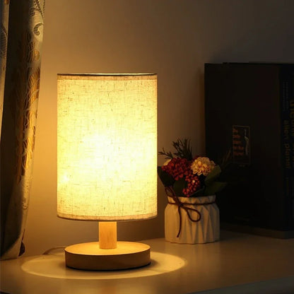 USB Wooden Bedside Lamp - Cylinder Shade