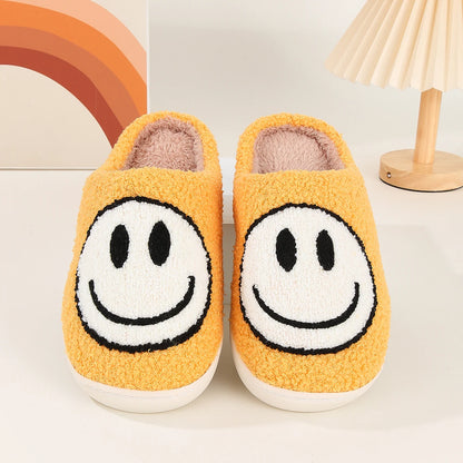 Pantoufles d'hiver en fourrure à motif Smiley pour femmes, pantoufles moelleuses