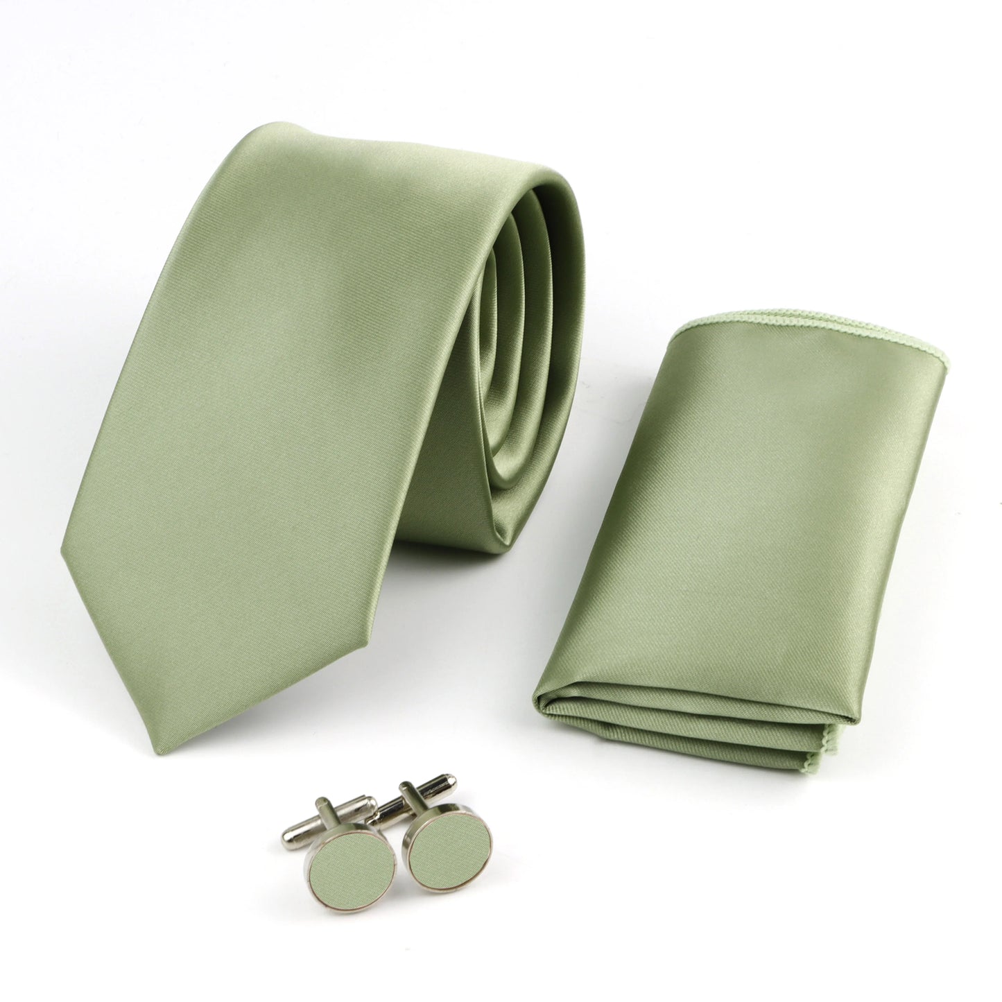 Men’s Solid Color Tie Set – Polyester Necktie Bow Tie Pocket Square & Cufflinks