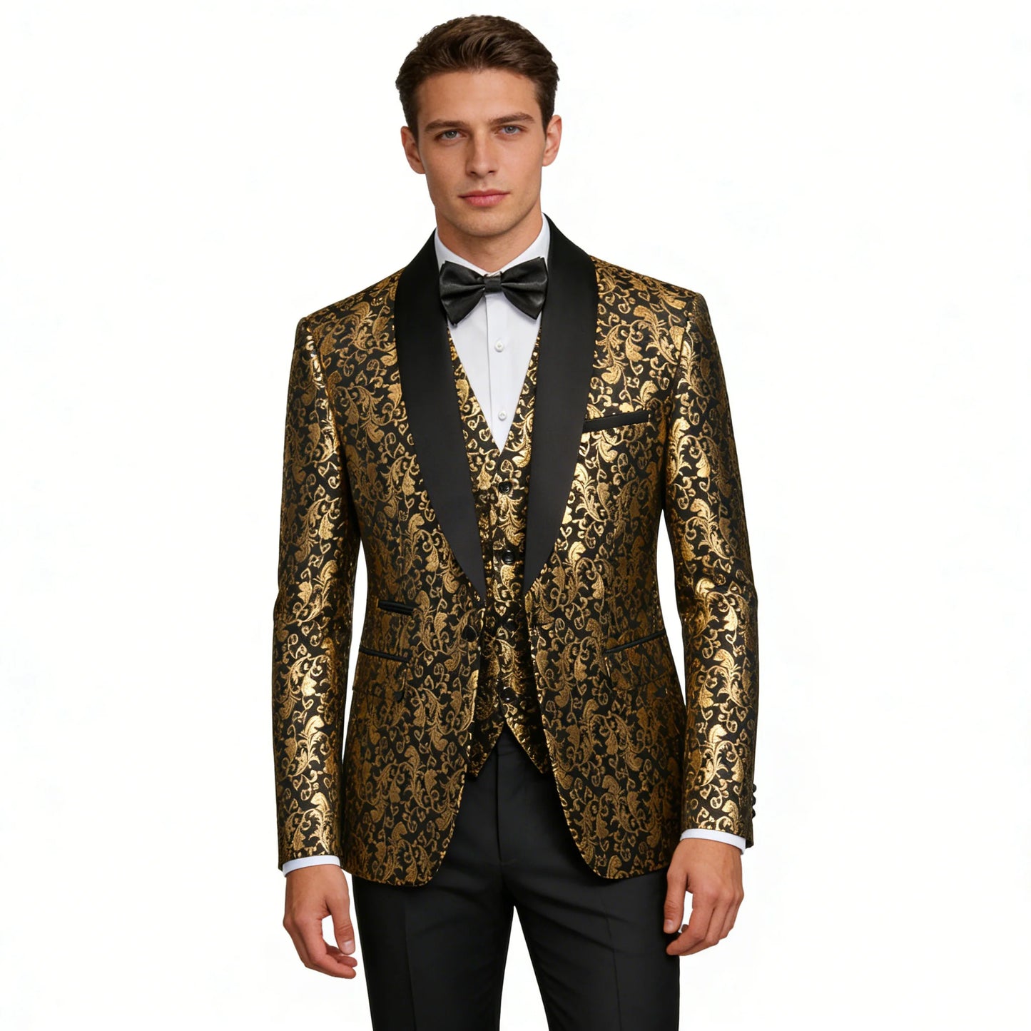 Black and White Men's 3-Piece Suit with Gold Print