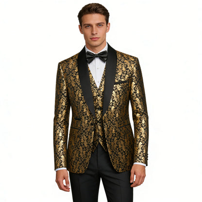 Black and White Men's 3-Piece Suit with Gold Print