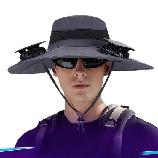 Men’s Wide Brim Sun Hat with Dual Fan – 12CM UV Protection Fishing Bucket Hat