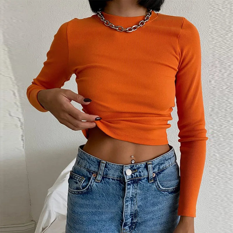 Ribbed Neck Sexy Cropped Long Sleeve T Shirt