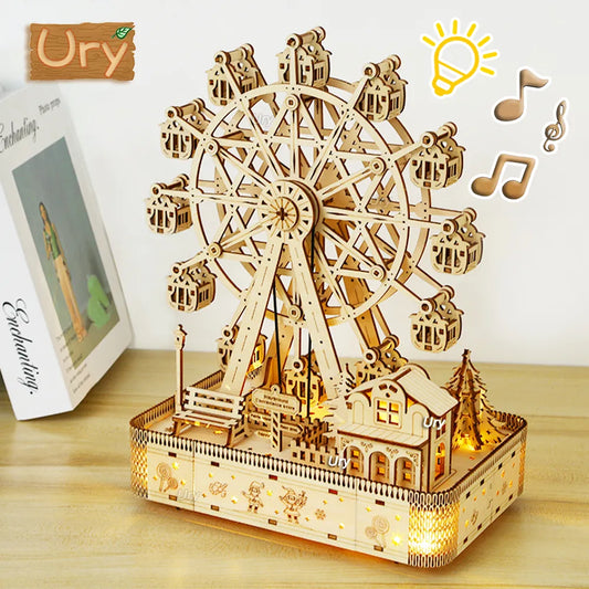 Ury 3D Wooden Puzzles Led Rotatable Ferris Wheel Music Octave Box Toy for Kid
