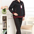 Black top with red trim + black pants with red trim