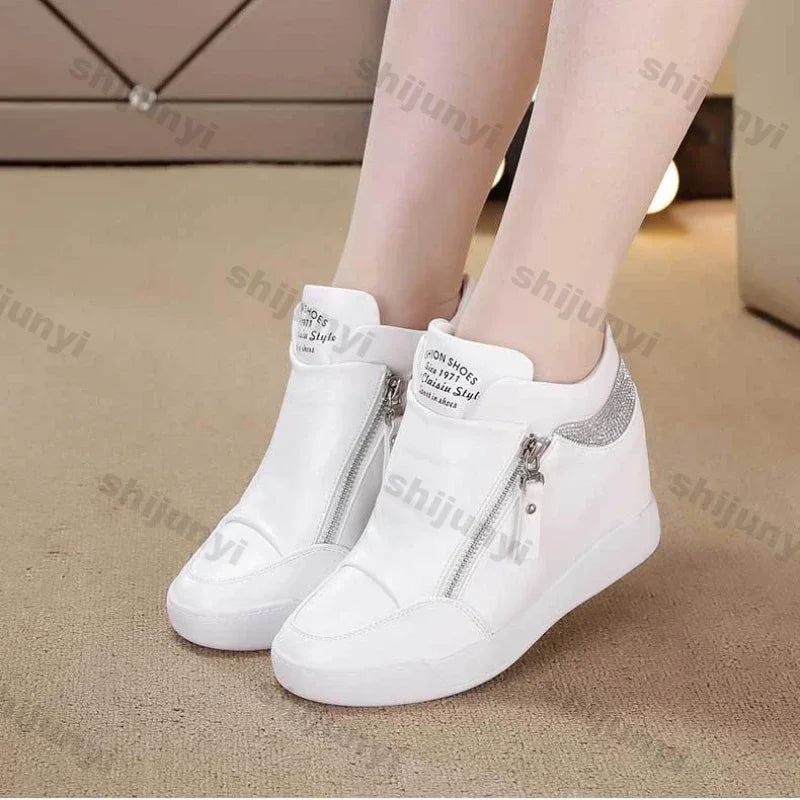 High Top Side Zip White Platform Wedge Sneakers with Hidden Heel