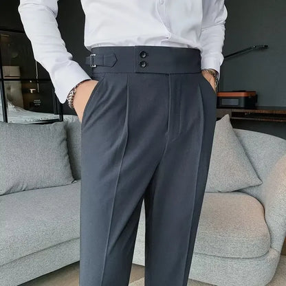 Men’s Classic Slim Fit Office Trousers - High Waist Vintage Pants