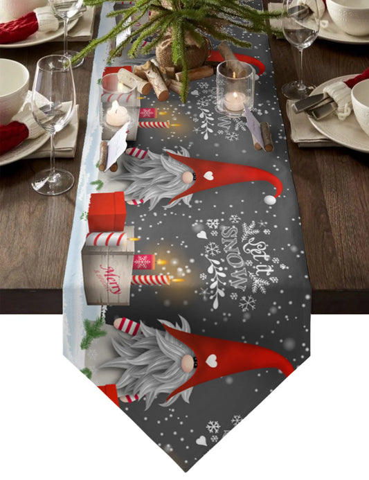 Chemin de table en lin avec motif gnome de Noël et flocon de neige