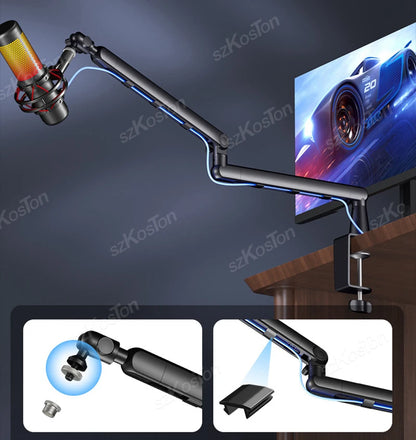 Studio Microphone Boom Arm Adjustable Riser Low‑Profile Mic Stand with Cable Management