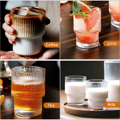 Transparent Stripe Glass Cups - Stackable Drinkware