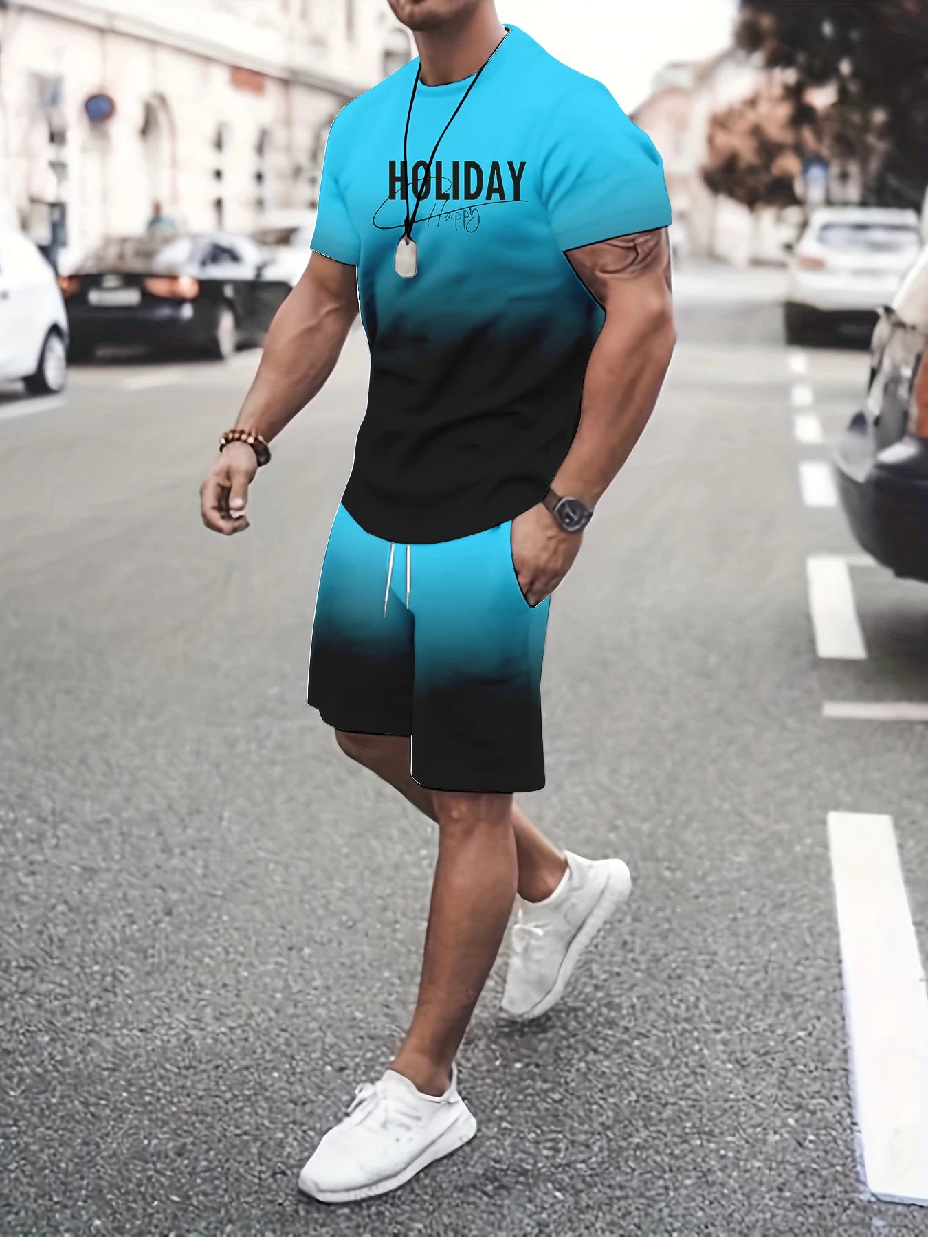 Anime Print Mens Shorts and T Shirt Set