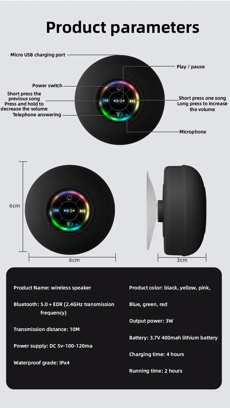 Enceinte de douche Bluetooth étanche avec LED