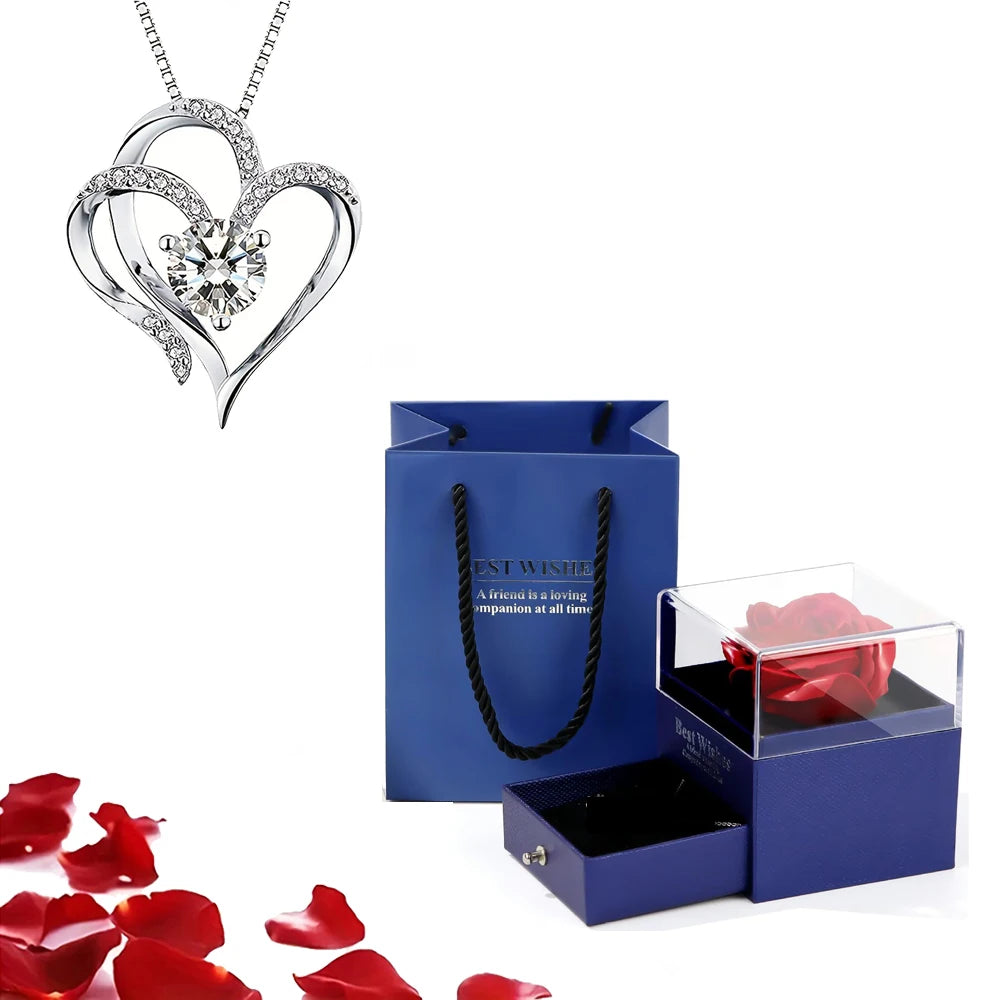 Valentinstag Geschenk Luxus rote Herz Halskette mit Rose Geschenkbox