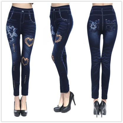 Women Hollow Out Denim Pencil Fitness Elastic Print Pants