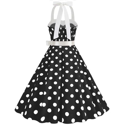 Women Sundress  Lace-up Backless Polka Dot Pleated Midi Dress