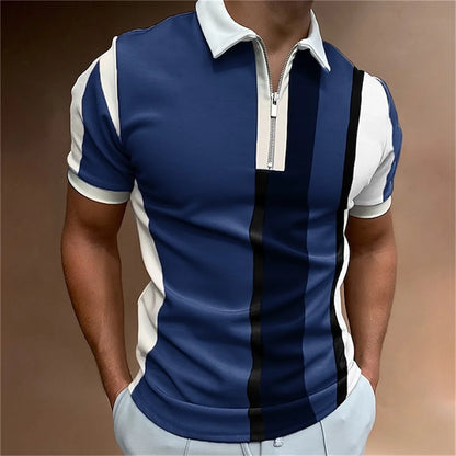 Men Zipper Striped Turn Down Collar Shirt