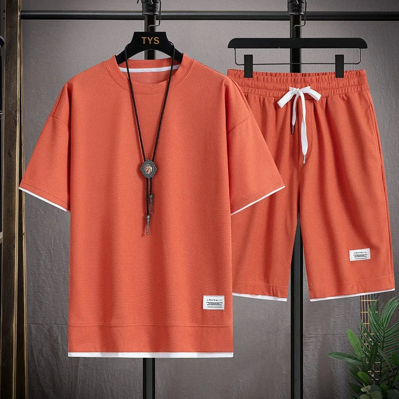 Men's Summer Waffle Tracksuit Casual T-Shirt & Shorts