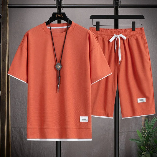 Men's Summer Waffle Tracksuit Casual T-Shirt & Shorts