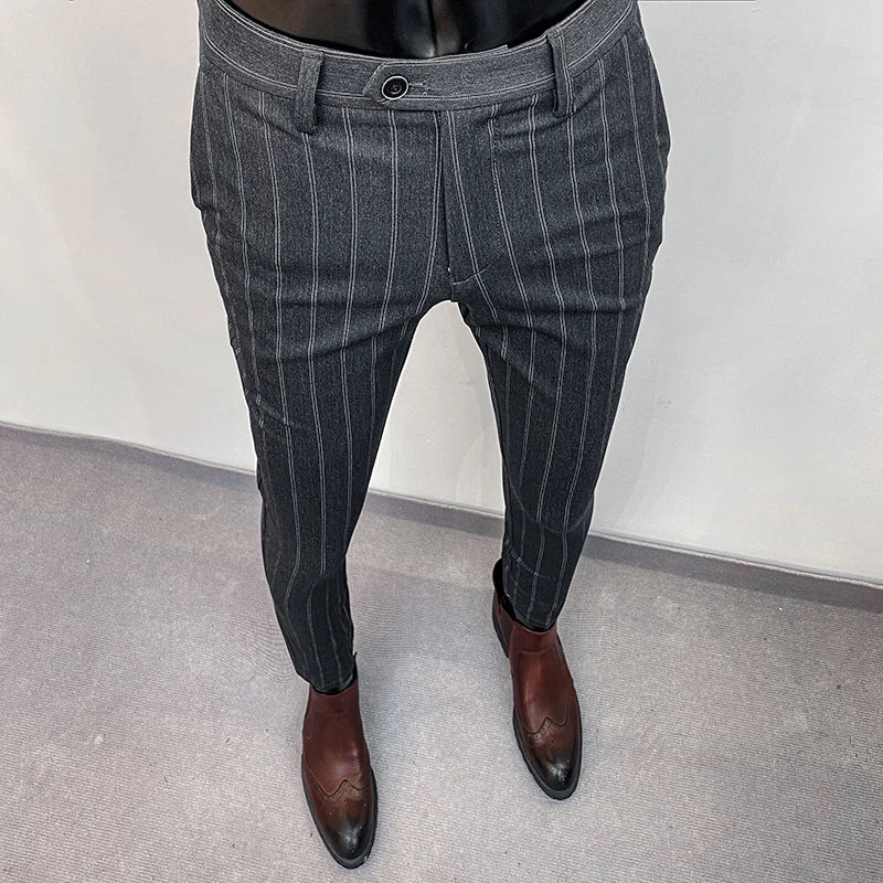 Men’s Slim Stretch Suit Pants - Autumn Formal Stripe Trousers