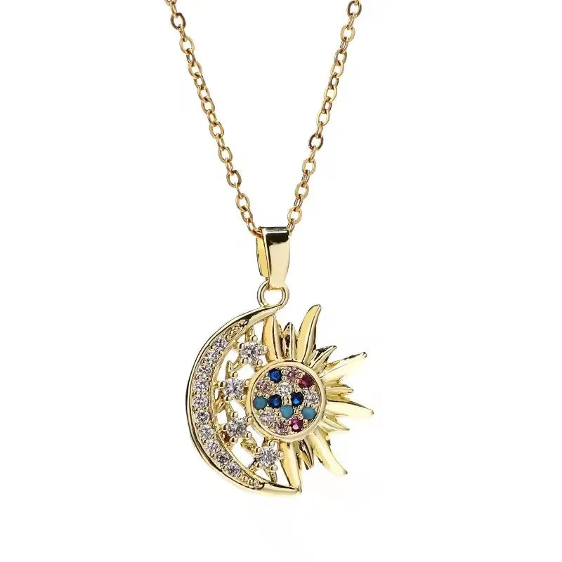 Collier en or avec pendentif fleur, zircone incrustée, chaîne en acier titane et pendentif soleil en opale (1 pièce).