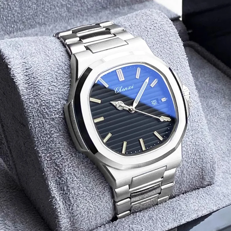 Wasserdichte Herrenuhr aus Edelstahl – Quadratisches Zifferblatt im Nautilus-Stil mit Leuchtmasse, Kalender und Datumsanzeige
