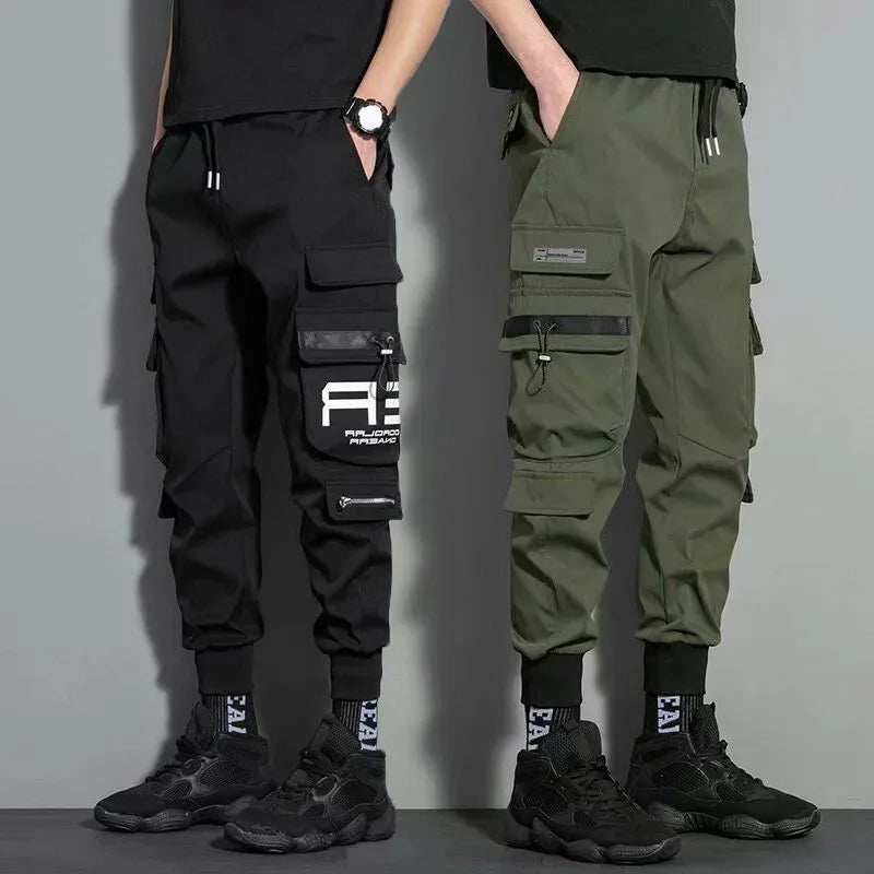 Herren-Cargohose, lässiger Hip-Hop-Streetwear-Stil – Jogginghose mit mehreren Taschen und Farbblock-Design