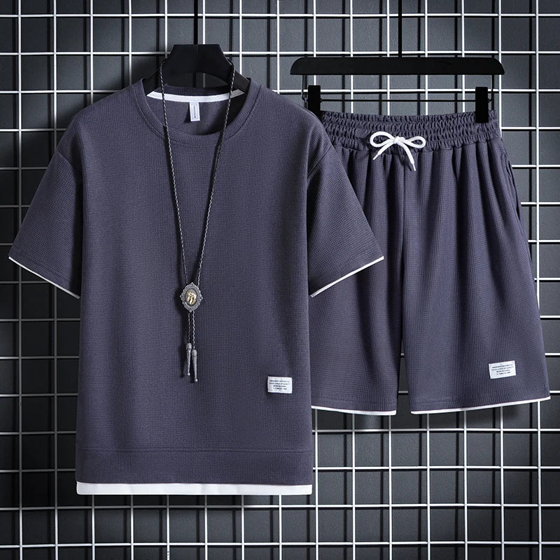 Men's Summer Waffle Tracksuit Casual T-Shirt & Shorts