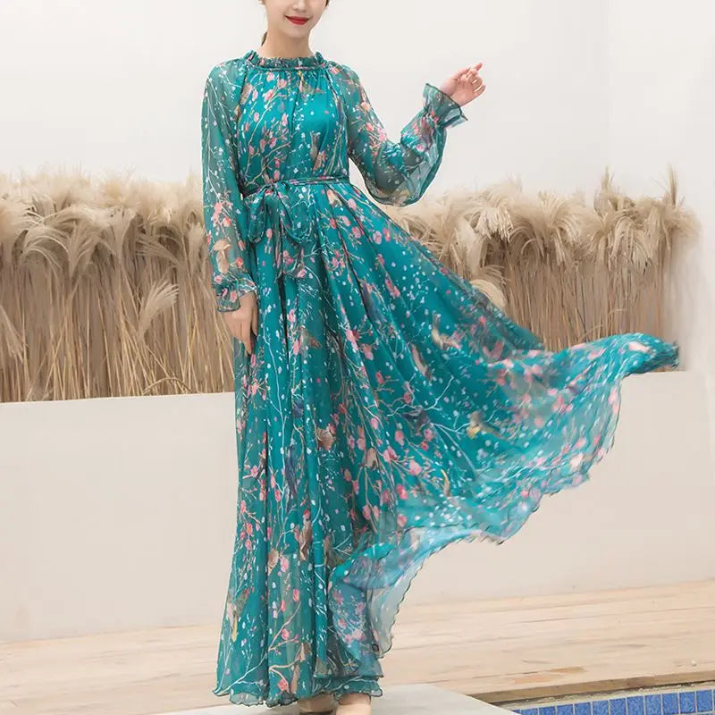Robe Boho à manches longues en mousseline de soie à imprimé floral pour femmes