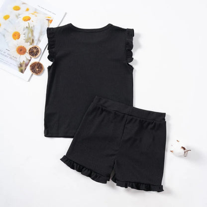 New Girls Solid Sets Casual Sleeveless Tops+ Short Pants Suits