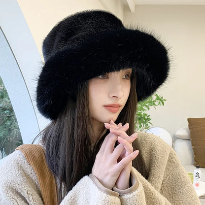 Faux Fur Fluffy Bucket Hat Soft Cap for Women