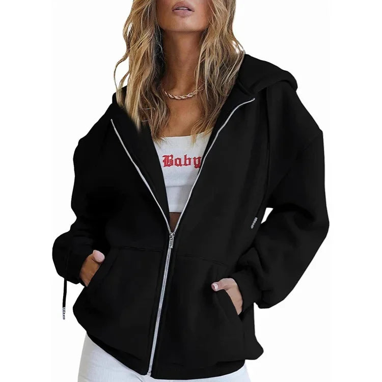 Sweat à capuche en polaire d'automne de couleur unie avec poches et fermeture éclair
